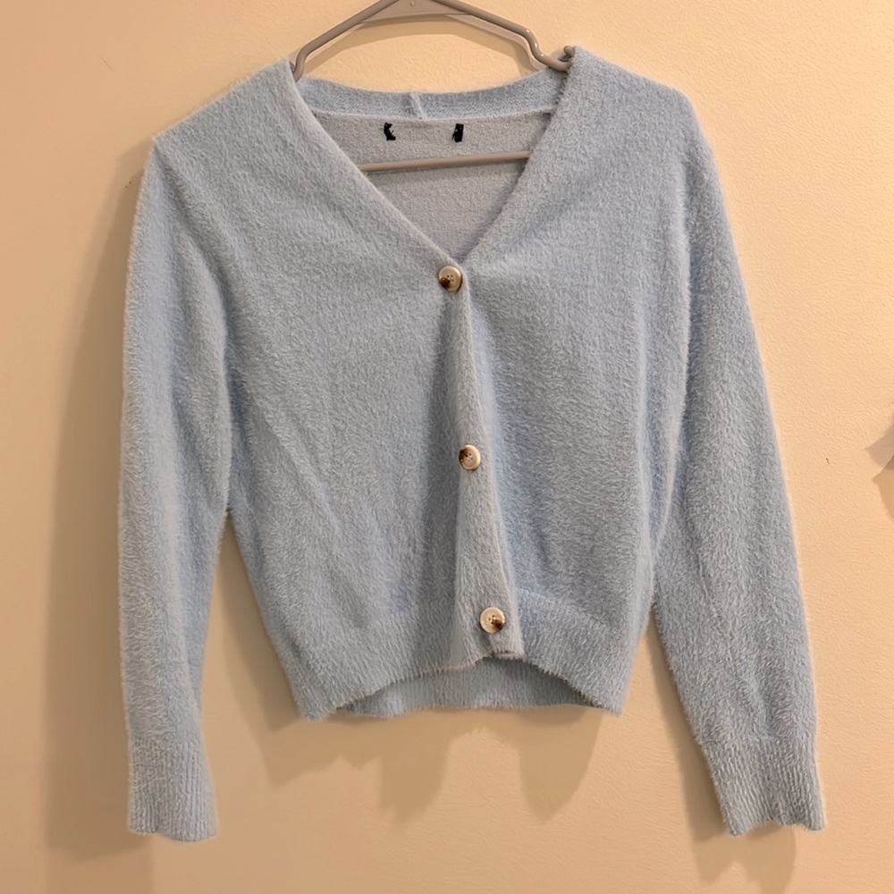Soft blue cardigan, button up top, super soft basic tops